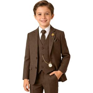 Tweed Herringbone Boys Suit 3 Piece Slim Fit Retro Kid Suits Tuxedos Set Prom Outfit Jacket Blazer Vest Pants for Boy (Dark Brown) 3T