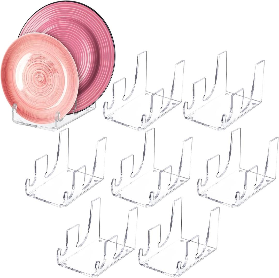 Wenqik 8 Pcs 2 Tier Acrylic China Plate Display Stands Clear Dinnerware Easel Display Stand China Platters Setting Plate Racks for Kitchenware Plates Cabinet Organizer