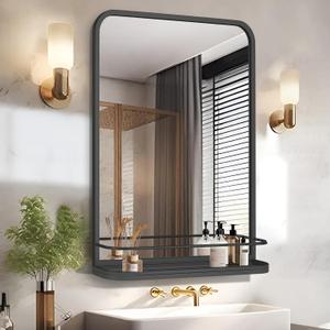 Bathroom Mirror with Shelf for Shaving, 15.7x23.6 Inch Wall-Mounted Rectangle Metal Mirror with Storage, Matte Black Vanity Mirror with Rounded Corners for Over Sink, Decor(Black/15.7x23.6 in)