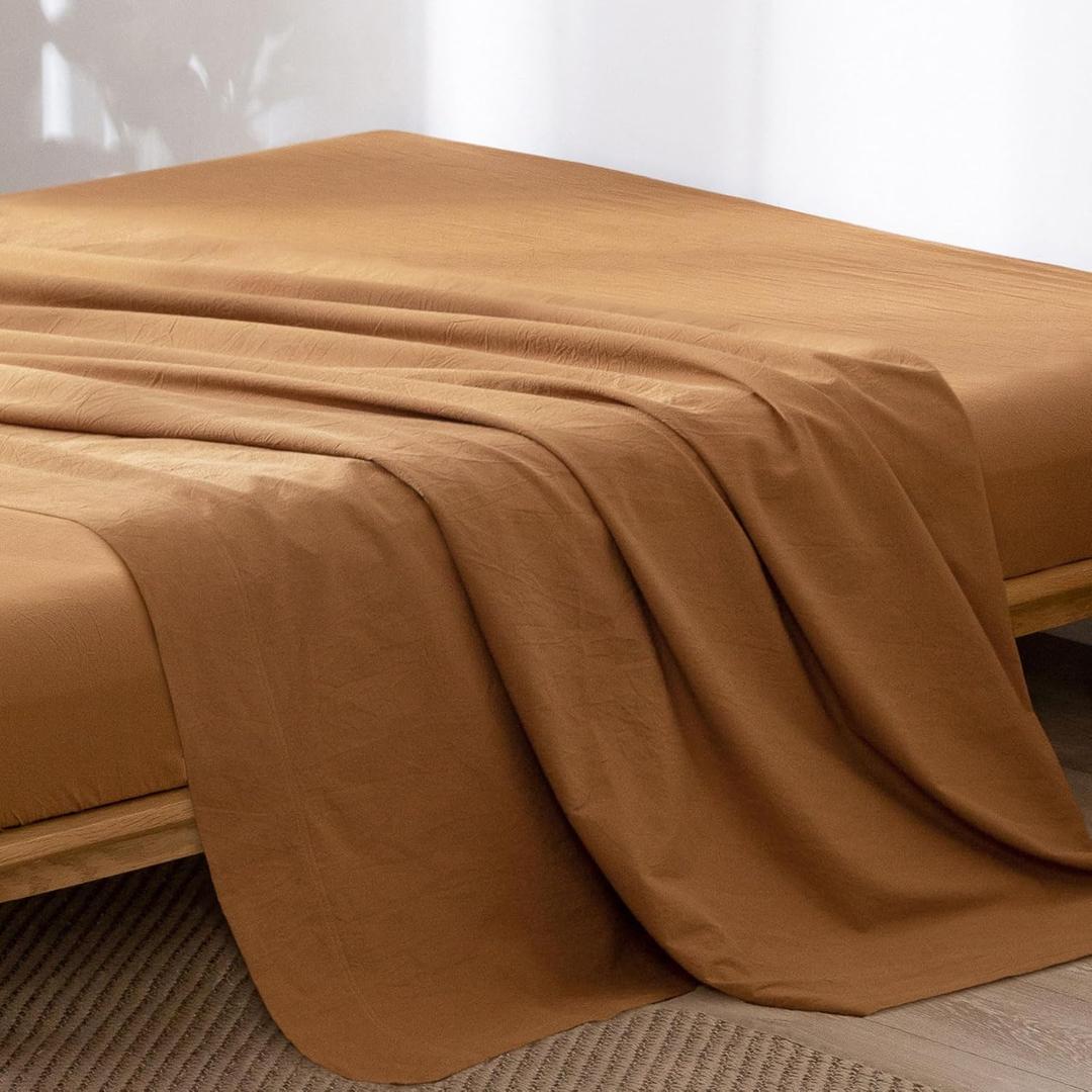 MooMee Flat Top Sheet Only 100% Washed Cotton Linen Like Textured Breathable Durable Soft Comfy (Burnt Orange, Queen)