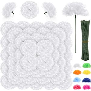 LELEE 108pcs Carnation Head Flowers with Stem, White Artificial Carnations Flowers Bulk, White Silk Carnation Fake Flower for Wedding Bouquet Table Centerpieces Funeral Cemetery Gravesite Decor