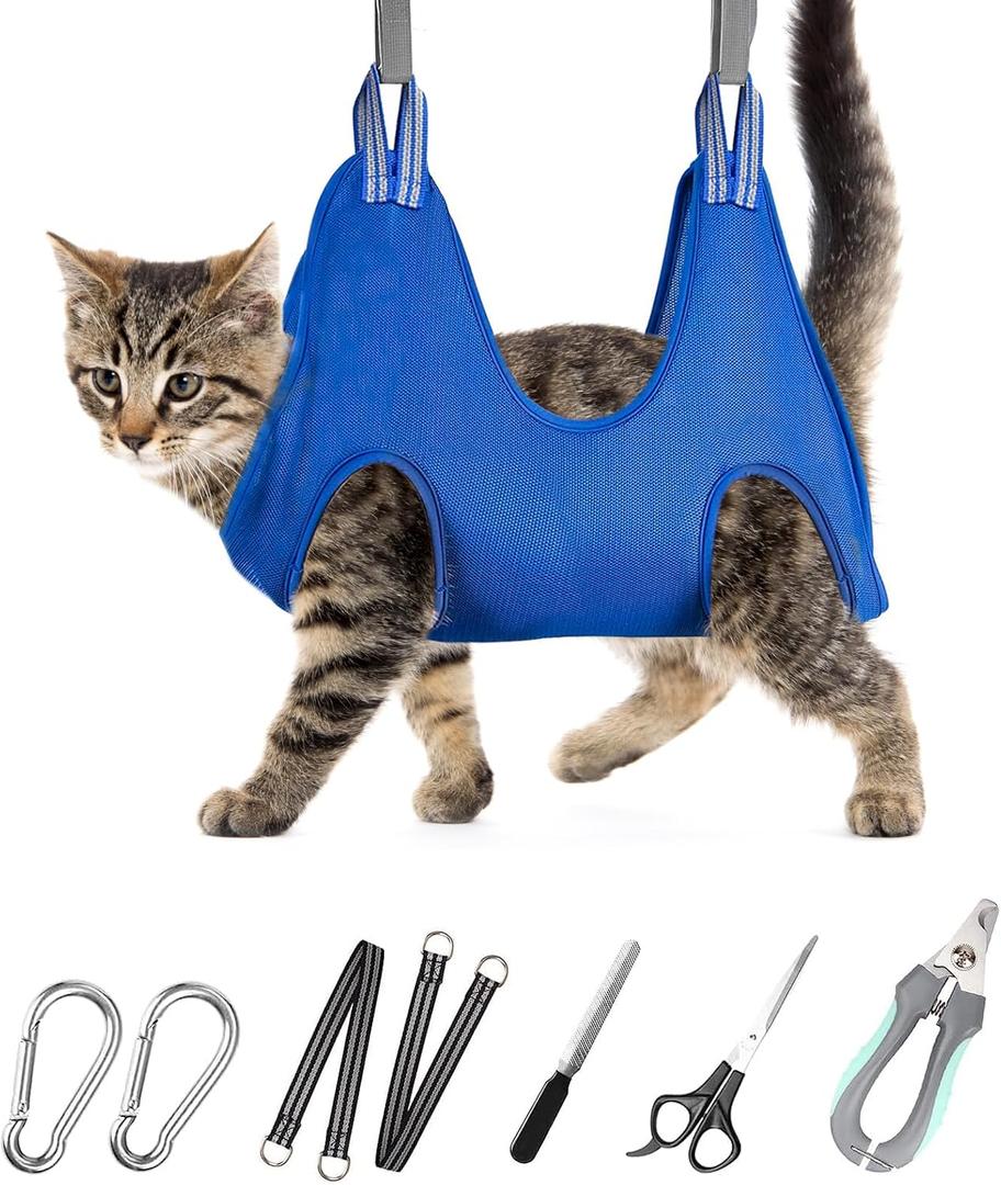 Pet Grooming Hammock for Small Dogs & Cats - Nail Trimming Sling with Clippers, Nail File, & Scissors - XXS Hanging Grooming Harness for Safe & Easy Nail Care (Blue)