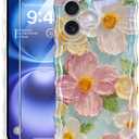 for iPhone 16 Plus Case [with 9H Screen Protectors] Wave Bumper Colorful Oil Painting Flowers Print Blue Glossy Soft TPU Phone Case Cover for Girls Women,Green Daisy