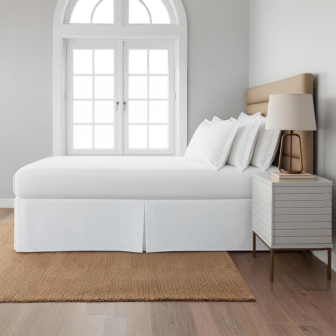 Cottingon Box Pleated Bed Skirt with Split Corners, 100% Microfiber Soft, Sheen & Luxurious Look, Tailored Drop Easy Fit, King 18", White