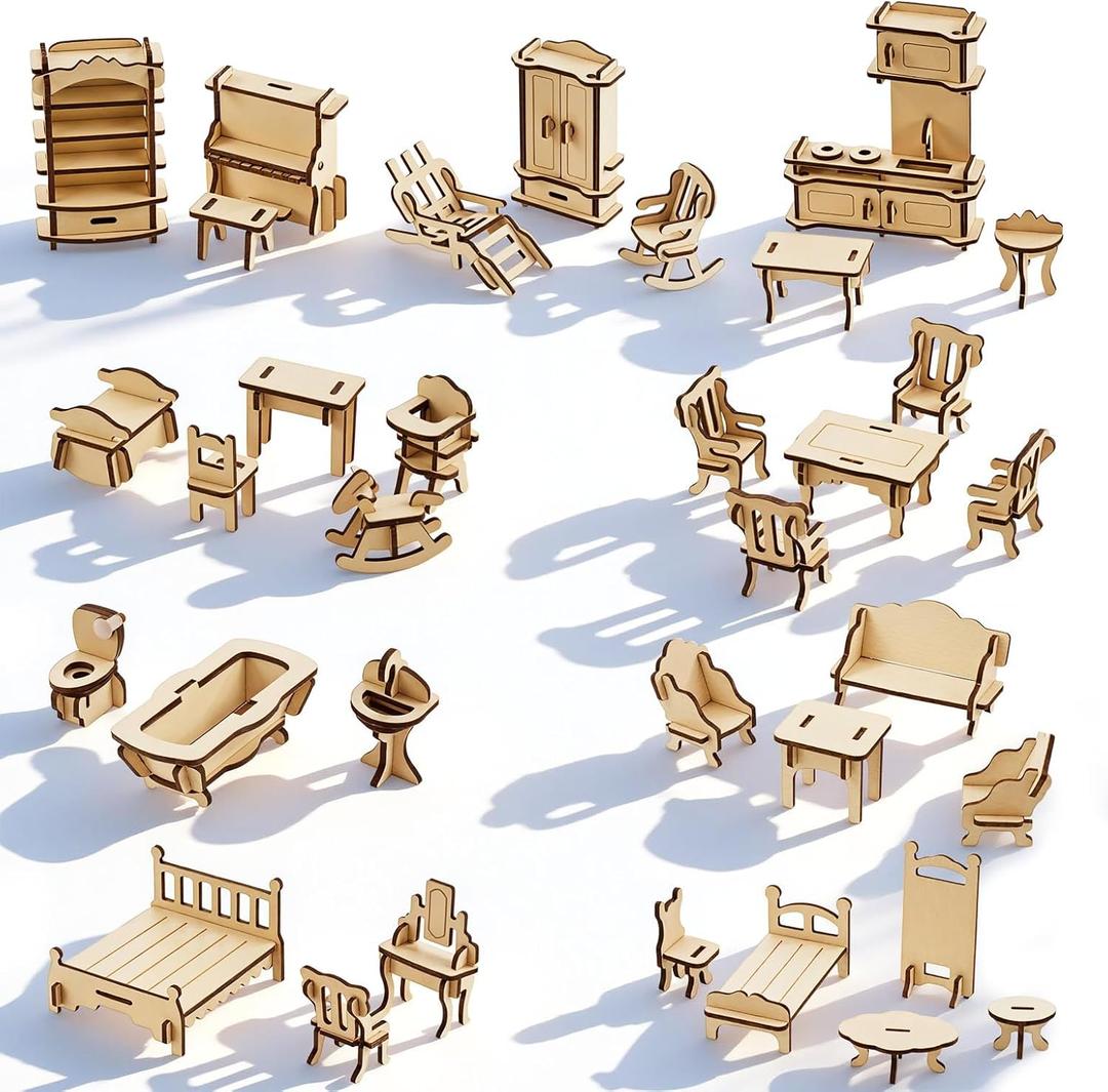 LOVEINUSA DIY Wooden Dollhouse Furniture Set, 3D Puzzle Miniature Room Accessories, Natural Wood (Medium)