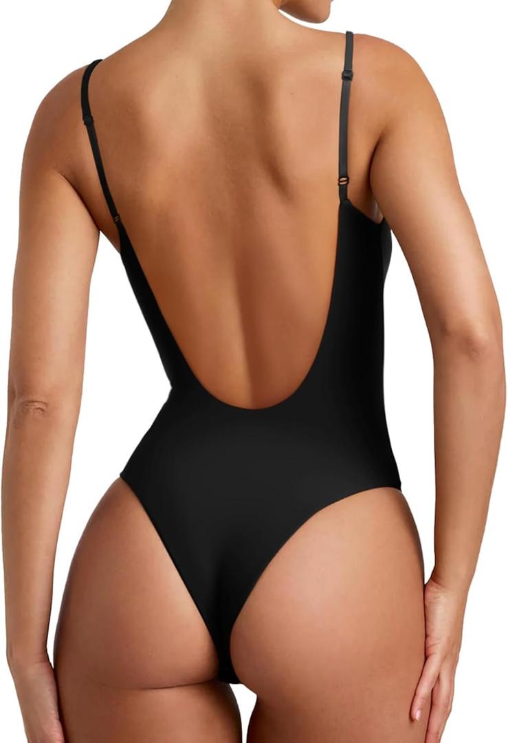 REORIA Womens Sexy Trendy Open Back V Neck Spaghetti Strap Backless Trendy Cami Bodysuit Tops (Small, Black)