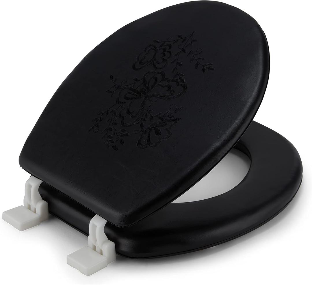 J&V Textiles Embroidered Soft Round Toilet Seat With Easy Clean & Change Hinge, Padded (Black)