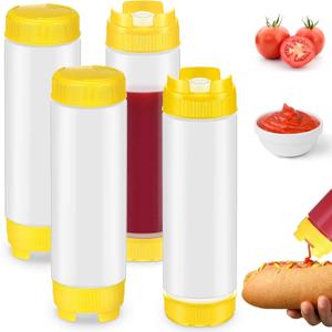 Didaey 4 Pcs Squeeze Bottles Refillable 20 oz, Inverted Plastic Tip Large Valve Dispenser Condiment Squeeze Bottle for Sauces Ketchup Sour Cream Self Sealing Syrup Dispenser for Restaurants (Yellow)