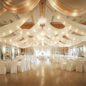 6 Panels Ivory Ceiling Drapes with Lights String for Weddings Ceiling Drapes 5ftx30ft Wedding Draping Fabric Sheer Curtains Tulle Ceiling Drapery Wedding Decorations for Party Ceremony Stage Swag