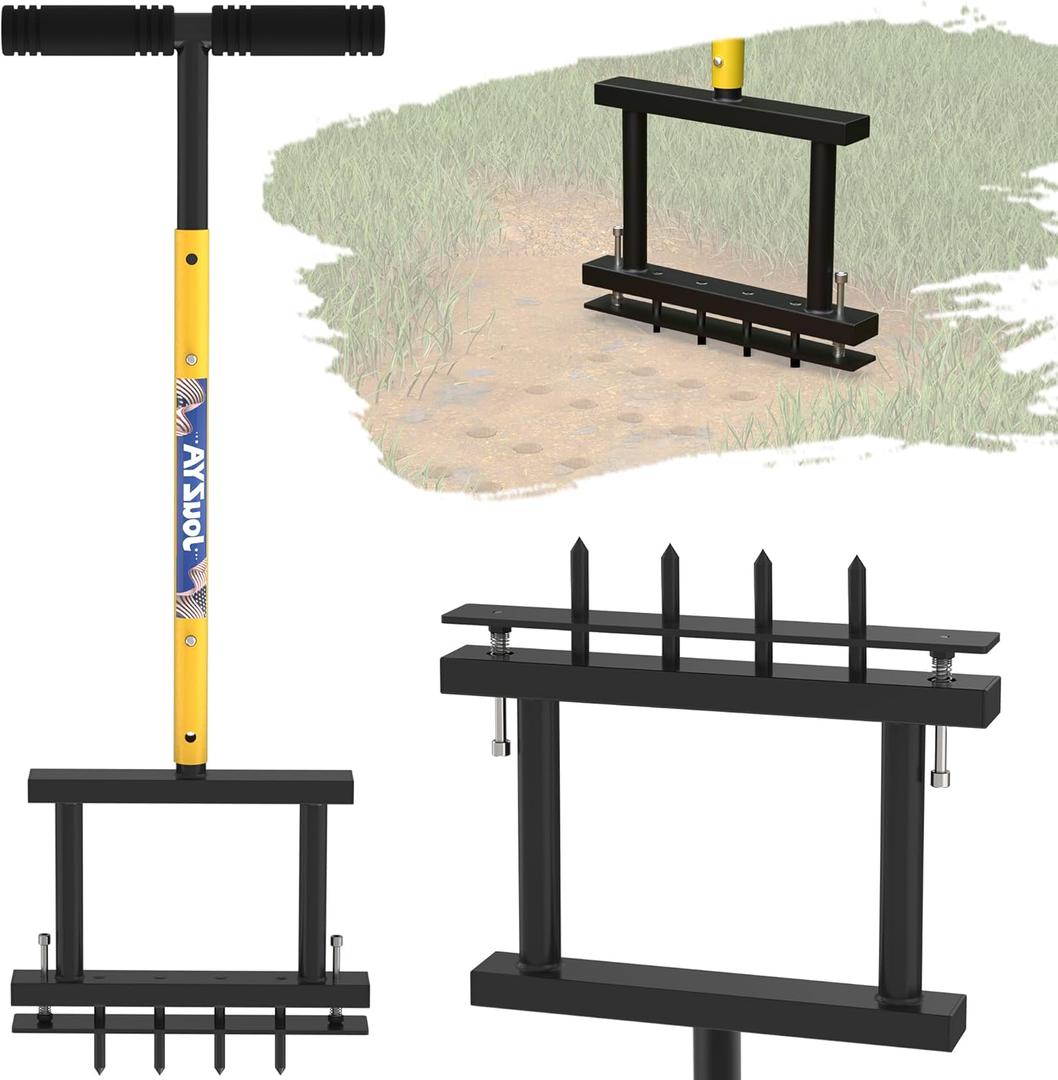Lawn Aerator Tool, Lawn Aerator with 4 Spikes, Automatic Leaf and Dirt Cleaning with Spring-Loaded Design, Metal Manual Aerator for Loosening Soil Aerating Patio, Yard, Garden