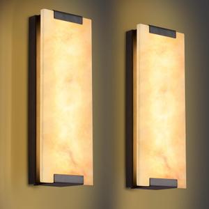 14.2 in Brass Alabaster Wall Sconces, Natural Marble Wall Sconces Set of Two, Indoor Alabaster Sconces for Living Room, LED Modern Alabaster Sconces Wall Lighting for Dining Room,Bedroom ,Stairs (Bronze)
