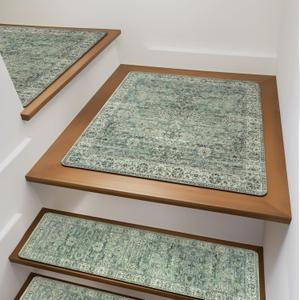 OJIA Stair Treads Non-Slip Matching Mat for Wooden Steps, Square Capet Stair Treads Rubber Backing Stair Runner Anti-Slip Stair Landing Mat 31x31 Inch Stair Rugs (Green)