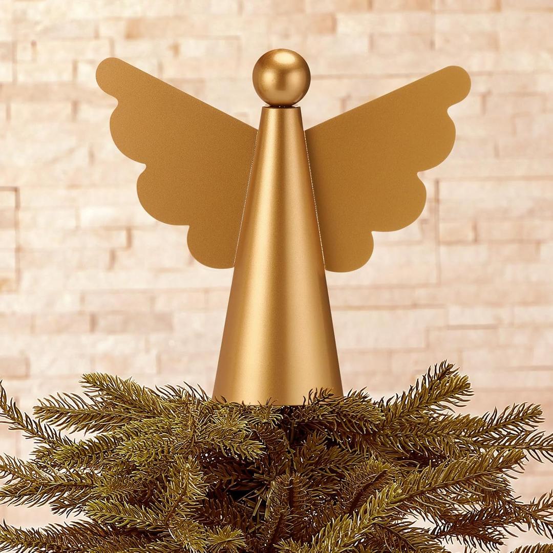 Moxweyeni Angel Christmas Tree Topper 10 Inch Gold Metal 3D Small Angel Tree Topper Rustic Xmas Decorative Holiday Ornament for Christmas Treetop Home Office Table Decor