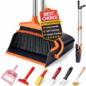 Broom and Dustpan Set with Long Handle, Upright Standing Self-Cleaning Combo, Windproof Dustpan with 6 Bonus Cleaning Tools for Pet Hair, Home, Kitchen, Garage & Apartment