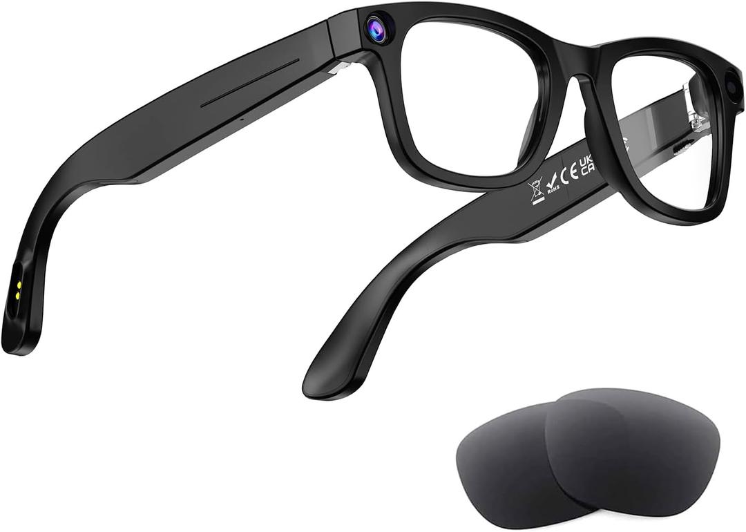 AI Smart Glasses with Camera, 8MP HD Bluetooth Camera Glasses, 1080P Video Recording Sunglasses, Real Time Translation, Voice Assistant, Open-Ear Audio for Travel, Meetings & Vlogging (Black)