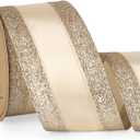 Ribbli Champagne Gold Wired Ribbon Satin with Glitter Edge 2.5 Inch Champagne Christmas Ribbon for Tree Gift Wrapping Wreaths Garland Topper Bows Crafts Home Decor -10 Yards