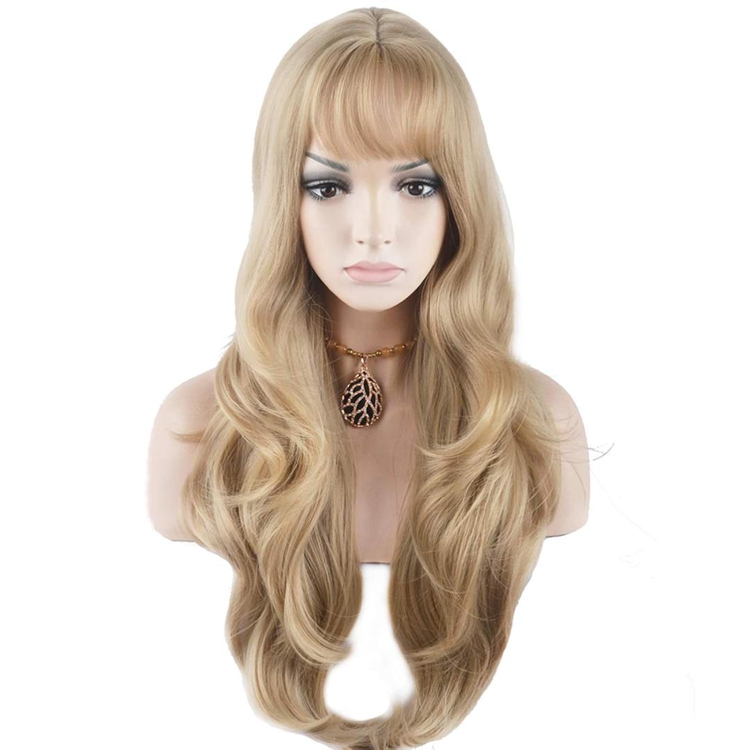 BERON 26 Inches Blonde Wig Long Wavy Wig Ash Blonde Wigs with Bangs for Women Gold Blonde Synthetic Wigs with Hairnet