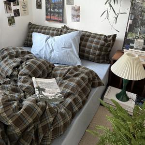 MKXI Queen Size Blue, Brown & Green Buffalo Plaid Duvet Cover Set - 3 Piece Vintage Aesthetic Bedding Set, 100% Washed Cotton, Minimalist Design, Soft & Breathable Duvet Cover with Zipper Closure, Queen