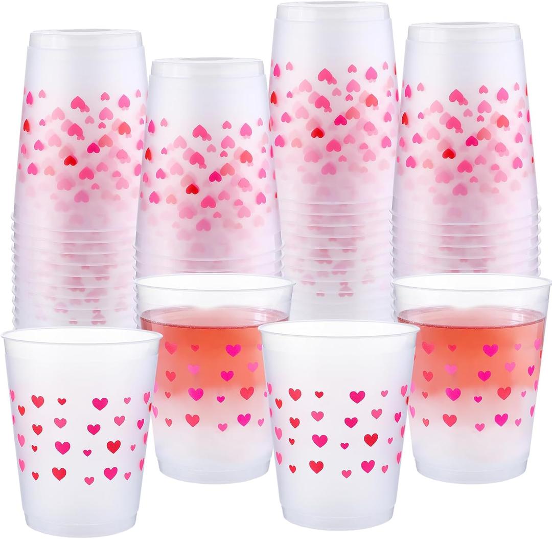 Epakh 50 Pieces 16 oz Valentine's Day Heart Plastic Cups Bulk Reusable Pink Red Heart Frosted Plastic Cups Hot and Cold Drinks Beverages for Happy Valentine Galentines Wedding Holiday Party Supplies