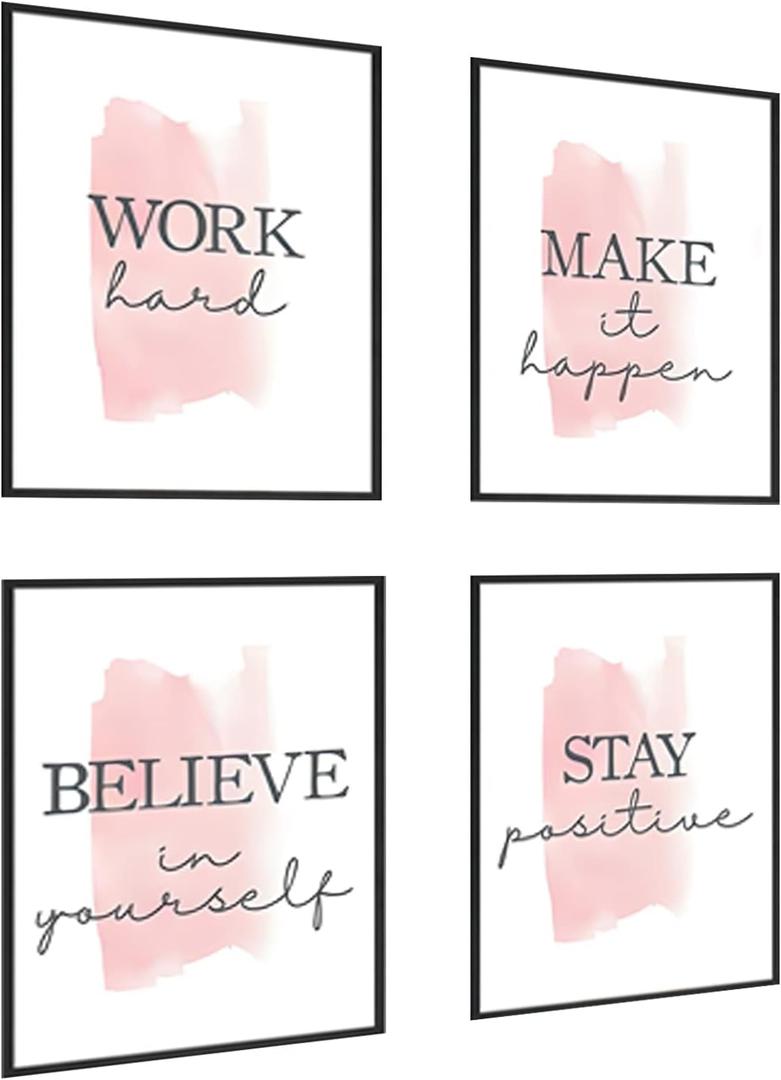 4 pcs Frame Wall Art Stay Positive Make It Happen Motivational Inspirational Quote Pink Canvas Painting Poster Pictures for Teenage Girl Bedroom Decor Office