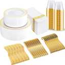 bUCLA 350PCS White and Gold Plastic Plates - Gold Disposable Dinnerware for Include 50 Dinner/Dessert Plates, 50 Forks, 50 Knives, 50 Spoons, 50 Cups & 50 Napkins for Party & Thanksgiving