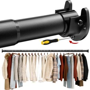 17 to 84 Inch Closet Rods for Hanging Clothes with Screwdriver, Stepless Adjustable Closet Rod Heavy Duty, 1.3 Inch Clothes Hanging Rod Metal Closets Pole Bar for Wardrobes Laundry Bathroom RV, Black