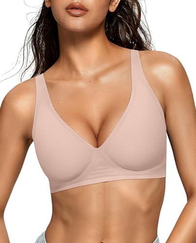 OEAK Womens Deep V Bras Wireless Comfortable Bra Supportive No Underwire Bras Tshirt Push Up Bralettes Plunge Seamless Bra, M