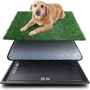 Dog Grass Pad with Tray (35inX23.2in), Grass Pee Pads for Dogs Washable and Pet Toilet Potty Tray, Quickly Absorbency Portable Dog Potty Replacement Dogs Turf Potty Training for Indoor Outdoor (1 Pc Grass Pad+1 Pc Pee Mat+1 Pc Potty Tray)