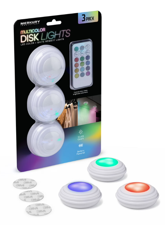 Merkury Innovations Multicolor RGB Puck Lights, Battery Operated, Touch Activated, with Remote Control - 3-Pack