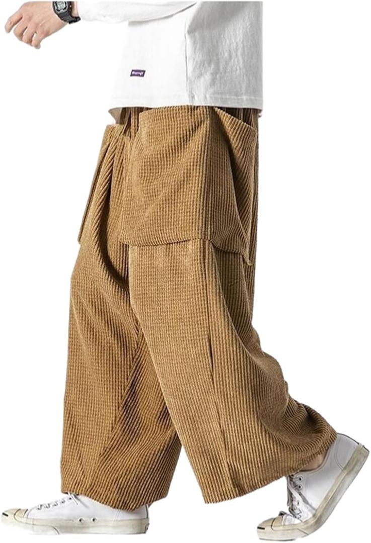 GUOYUXIAO Spring/Summer Plus Size Retro Corduroy Straight Wide-Leg Pants,Chinese Style Casual Pants for Men (Large, Khaki)