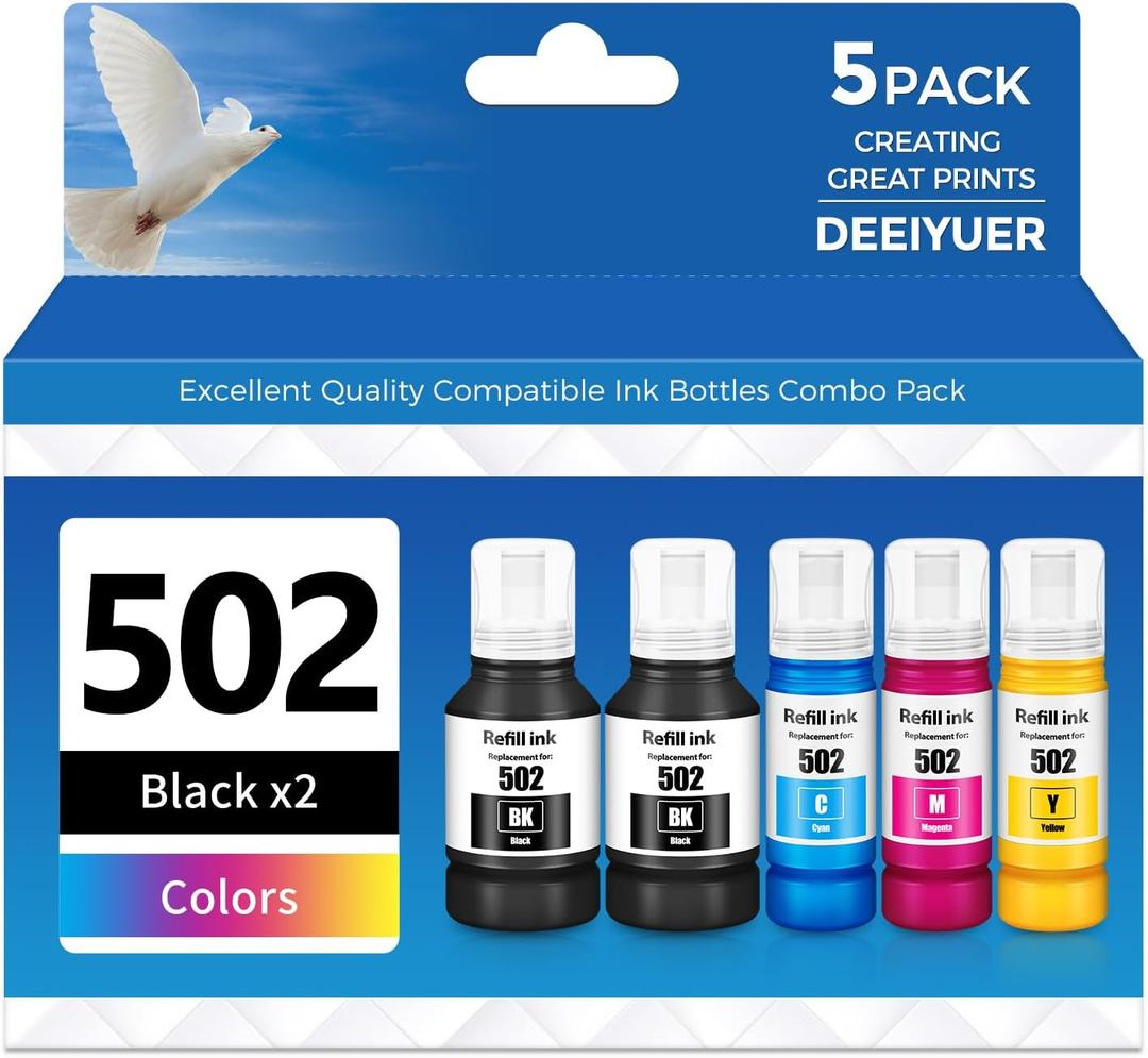 502 Ink Refill Bottles ET-2850 ET-3850 ET-4850 ET-15000 502 Ink Compatible for ET 2850 ET 3850 ET-4760 ET-2760 ET-3830 ET 4850 ET 15000 ET-3843 ET-2980 ET-3950 4950 3750 Printer (2Black Cyan Magenta Yellow)