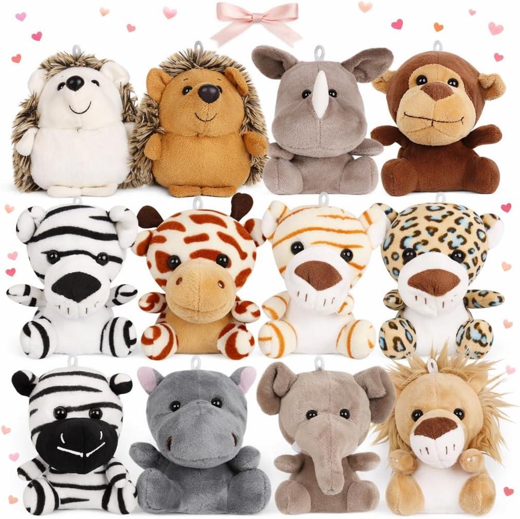 Spoilu Valentines Day Gifts for Kids, Small Stuffed Animals Bulk, 12 Pack 4.5 Inch Mini Plush Toys, Treasure Box Toys for Classroom, Party Favors for Kids, Plush Keychain, Claw Machine Prizes