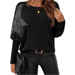 SOLY HUX Women's Long Sleeve Rhinestone Tops Crew Neck Casual T Shirt Spring Fall Clothes (M)