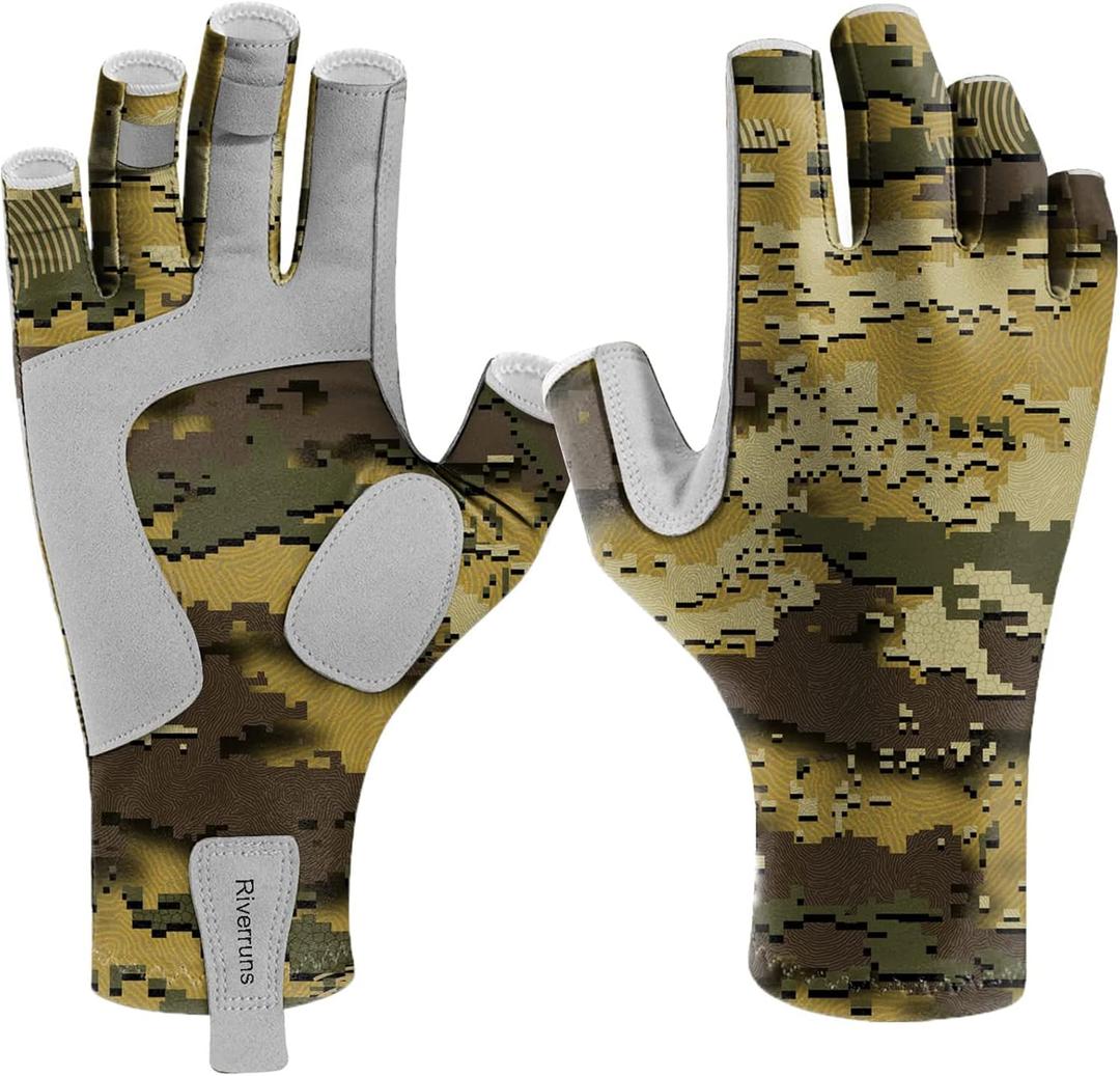 Riverruns Fishing Gloves UPF 50+ Sun Gloves UV Protection Men Women for Outdoor, Kayaking, Rowing, Paddling, Canoeing, Hiking (Medium, CamoQuag)