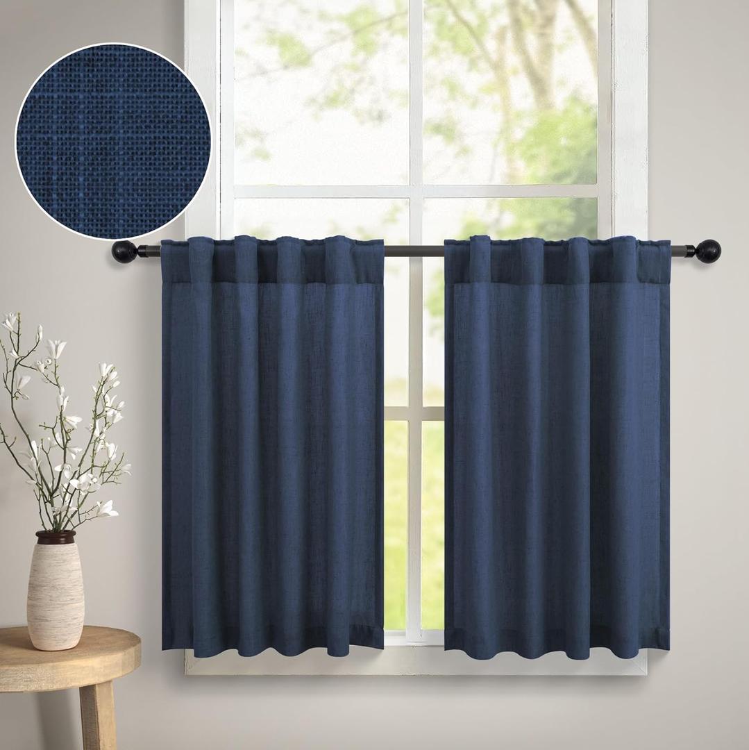 Navy Linen Curtains for Kitchen Farmhouse Country 24 Inch Length 2 Panel Back Tab Pocket Light Filtering Sheer Short Cafe Tier Small Window Curtain for Bathroom Basement Doorway 30x24 Dark Blue Indigo