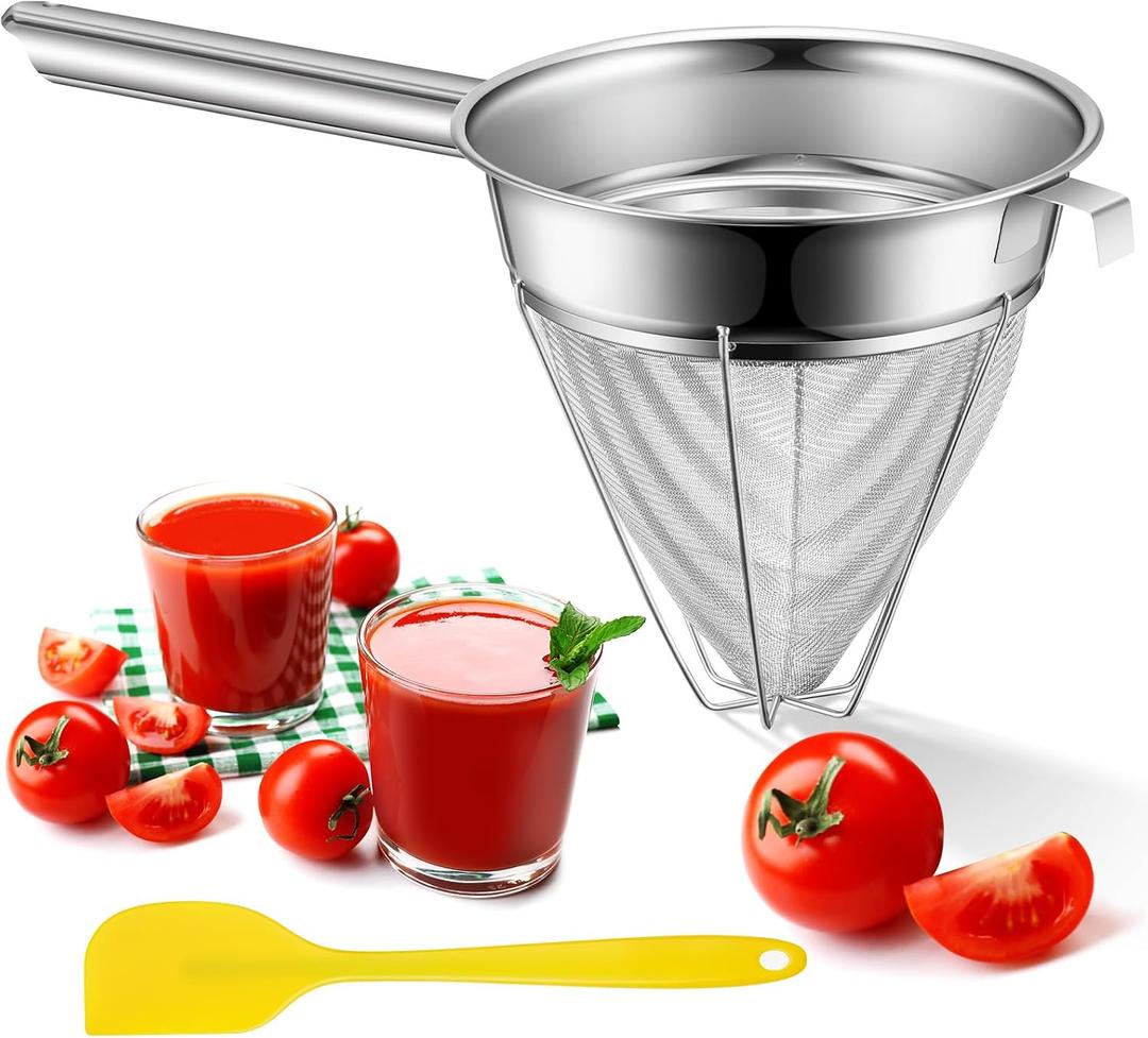 SiliFine Stainless Steel Reinforced Bouillon Sieve Strainer Cone Fine Mesh Strainer with Handle and Rubber Pestle for Kitchen Food Cooking(8 Inch)