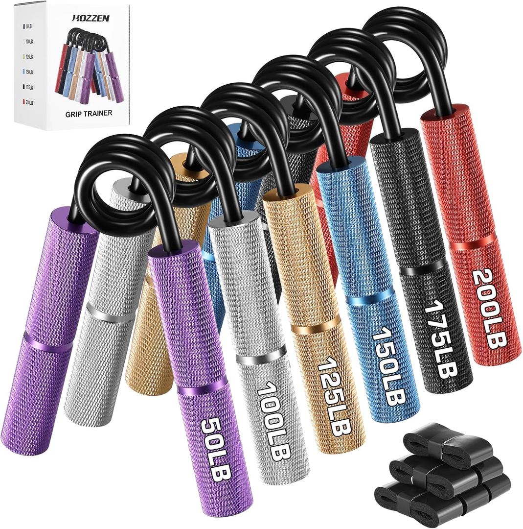 Grip Strength Trainer, 6 Pack Grip Strength Trainer Set (50-350LB), No Slip Hand Grip Strengthener, Wrist Forearm Strengthener with Grip Tape for Strength Training, Exercise, Injury Recovery Purple+Silver+Gold+Blue+Black+Red (50-200 LBS)