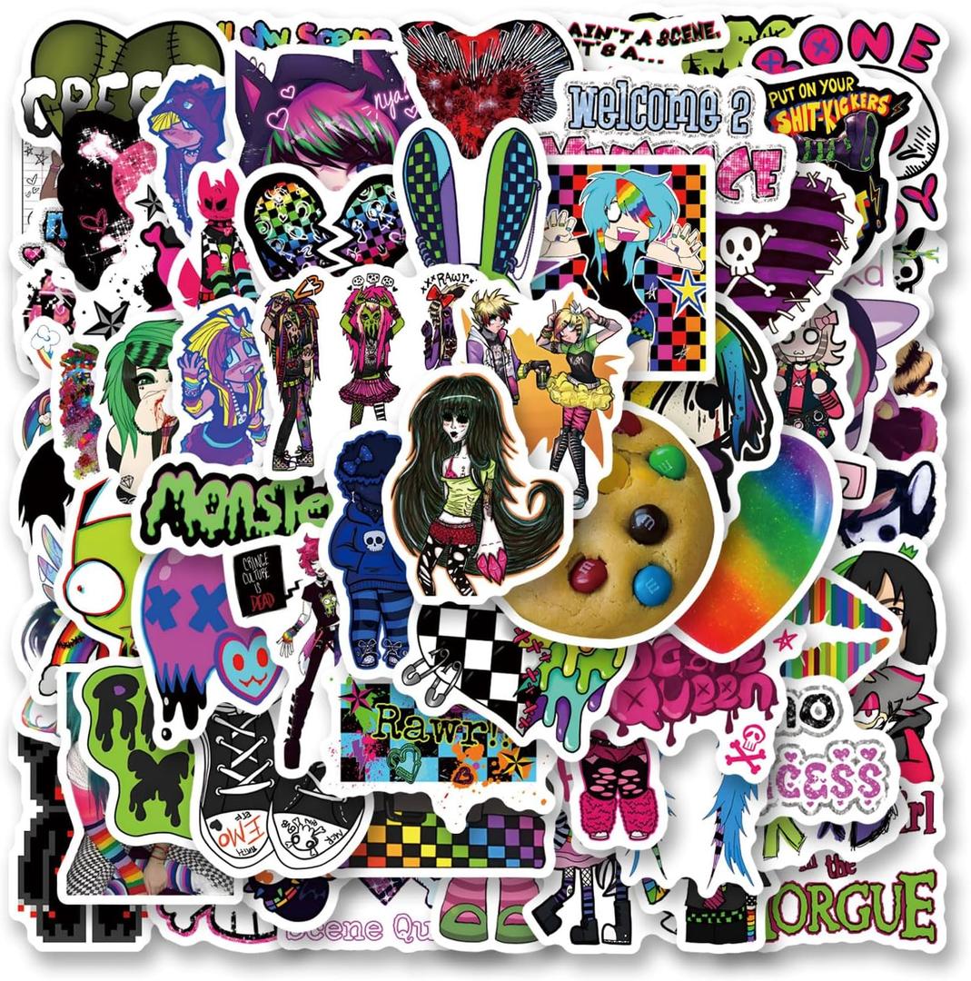 65pcs Scene Stickers Pack, Aesthetic Vinyl Waterproof Cute Cartoon Stickers Bulk for Scrapbook Laptop Luggage Water Bottle Tooth Shaped Graphics Decals for DIY Decor