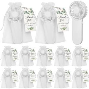 Wovnet 12 Sets Wedding White Handheld Fans Bulk for Guests Summer Wedding Gift Mini Portable Cooling Fans with Thank You Tags and Organza Bags for Guests Favors,Aa Battery Powered