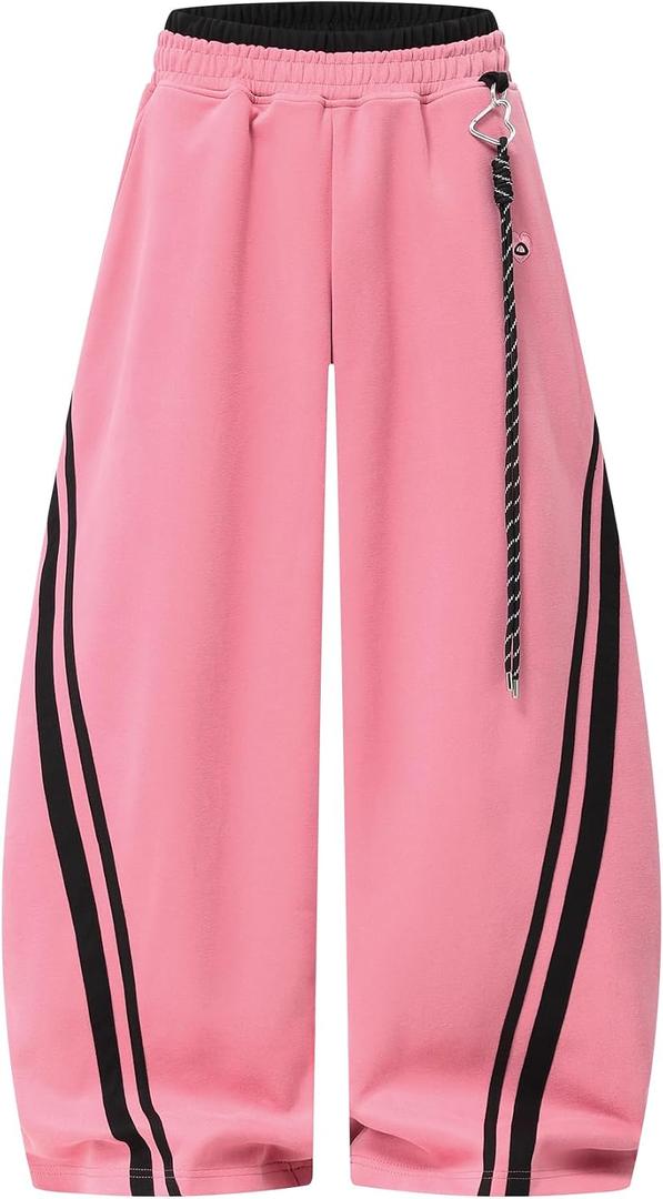 Aelfric Eden Stripes Baggy Barrel Sweatpants Elastic Double Waist Wide Leg Pants Women Men Casual Y2K Unisex Lounge Trouser (Pink, L)