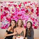 Pink Flower Birthday Backdrop Women Floral Bday Decorations,Neon Pink Happy Birthday Backdrops Banner Red Rose Flowers Photography Background Girls Bday Party Decor Photo Booth Props 8x6ft