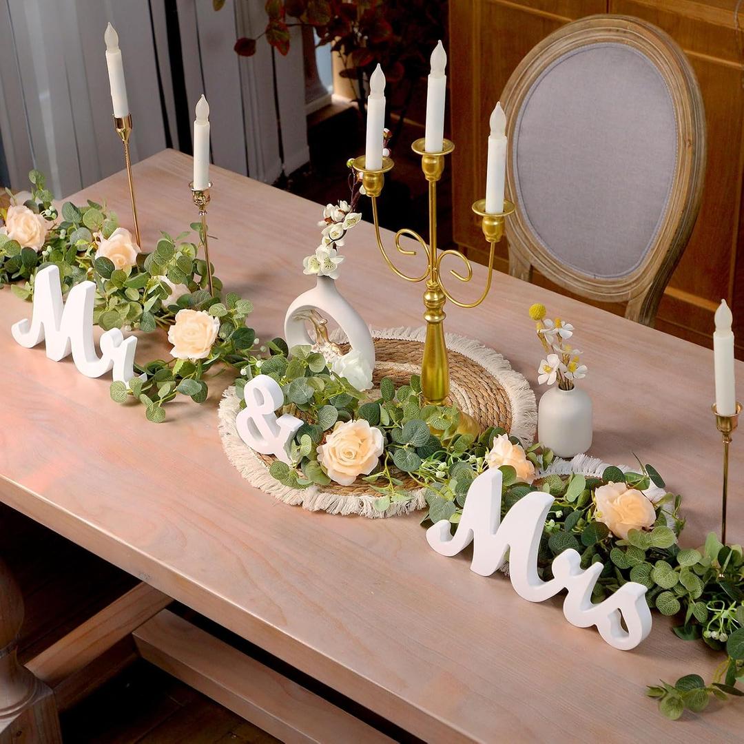 2pcs Large White Mr & Mrs Sign for Wedding Table with 5.91ft Artificial Flowers Garland, Wedding Centerpieces Wooden Bride and Groom Table Decorations for Engagement Decor (Champagne Rose)