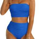 High Waisted Bandeau Bikini Set - Women Strapless Two Piece Swimsuits Ribbed Longline Full Coverage Bathing Suits Swimwear (XL, Blue)