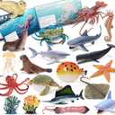20 Pcs Ocean Animal Toy with Educational Booklet, Plastic Sea Animal with Gift Box, Mini Sea Creature Figures for Kids Age 3+, Birthday Gift, Ocean Theme Party Favor, Water Bath Toy for Toddler