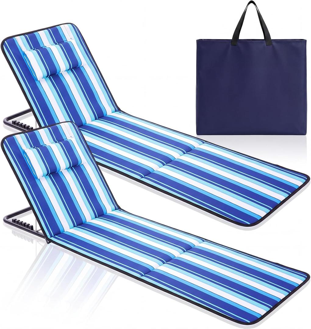 Karenhi 2 Pack Adjustable Beach Lounge Mats with Backrest 5-Position Folding Tanning Chair Lightweight Portable Outdoor Chaise 330.7lbs for Patio Camping Pool Garden(Stripes), 59.84 x 19.29 inches