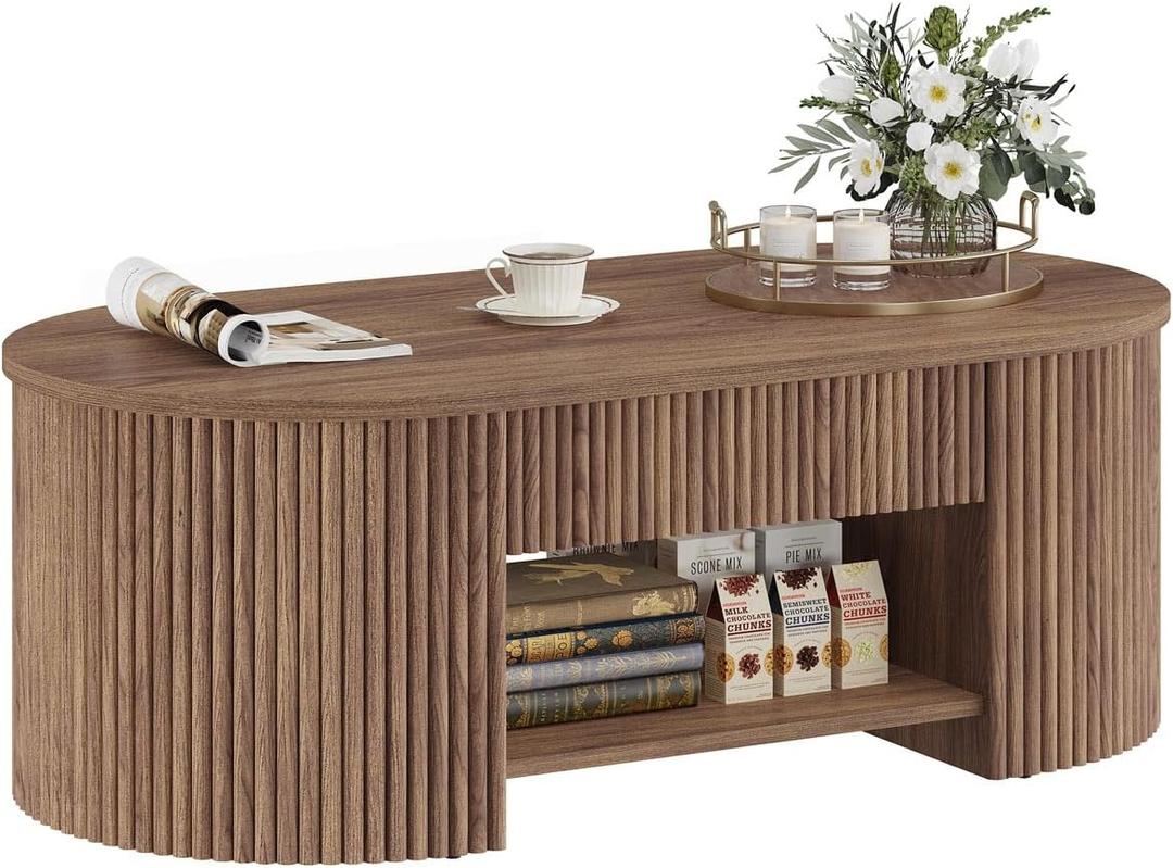 FATORRI Oval Coffee Table with Fluted Wood Panels, Mid-Century Modern Center Table with Storage Drawer and Open Shelf, Walnut Cocktail Table for Living Room, Bedroom, Home Office, 43 Inch
