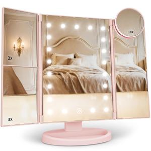 HUONUL Makeup Mirror, Vanity Mirror with Lights, 2X/3X/10X Magnification, Touch Control, Trifold Mirror, Dual Power Supply, Valentines Day Gifts for Her,Gifts for Women, Wife, Mom, Teengirls (Pink)