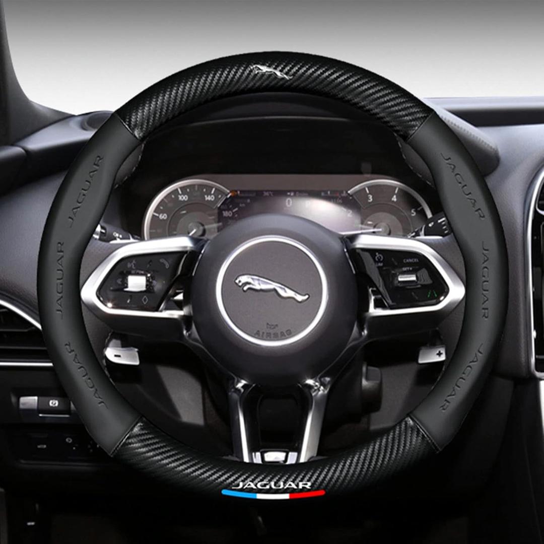Cehuoca Old Compitable with Jagvar Leather Steering Wheel Cover, Stylish Nappa Leather Carbon Fiber Texture Protector, Non-Slip, Universal 15inch Compatible Accessories (Old-ja-Cover-Black)