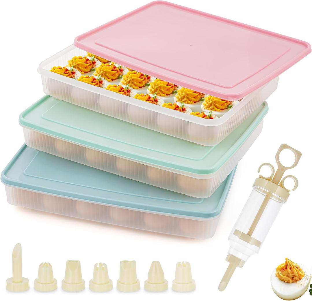 FACULX 3 Pack Deviled Egg Containers with Lid and 8 Pcs Deviled Egg Injector Piping Tool, Egg Organizer for Refrigerator, Fridge Stackable Countertop Portable Egg Platter (pink,blue,green)