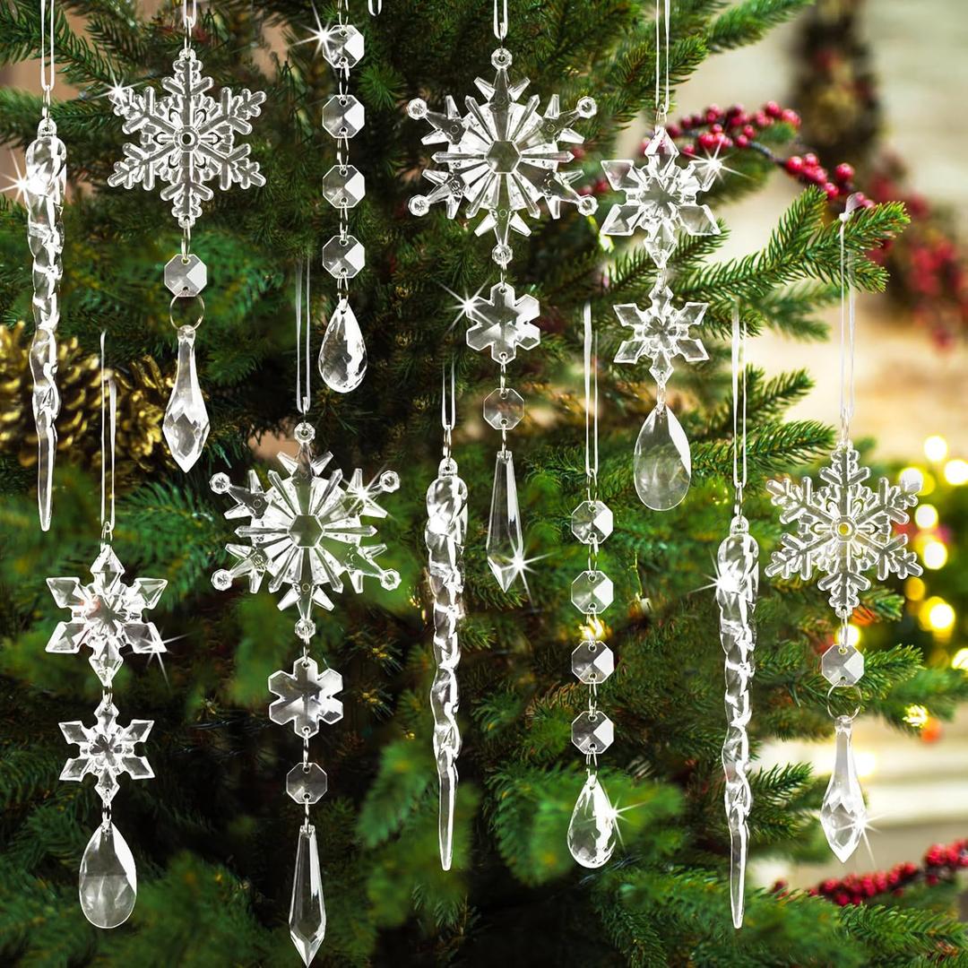 36pcs Clear Crystal Christmas Ornaments for Tree Decorations-Hanging Acrylic Snowflake Icicle Ornaments with Drop Pendants for Xmas Tree Winter Wonderland Chandelier Crystals Decorations Supplies